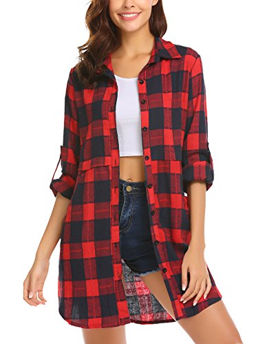 UNibelle Damen Hemdjacke Kariertes Hemd Langarmshirt Oktoberfest Bluse Karo Tunika Tops Hemdbluse mit Knöpfen Rot XL von UNibelle