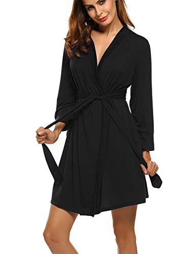 UNibelle Damen Morgenmantel Kurz aus Baumwolle Dünn 3/4 Ärmel Bademantel Kimono Saunamantel Robe Negligee Mit V-Ausschnitt Sommer S-XXL von UNibelle