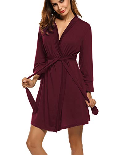 UNibelle Damen Morgenmantel Kurz aus Baumwolle Dünn 3/4 Ärmel Bademantel Kimono Saunamantel Robe Negligee Mit V-Ausschnitt Sommer Dunkelrot XXL von UNibelle