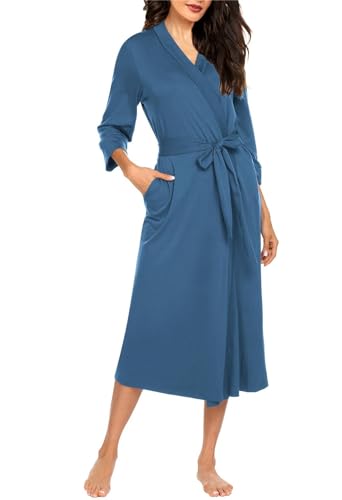 UNibelle Damen Morgenmantel lang leicht Kimono Maxi Dünn Saunamantel weich Robe Tasche Frauen Hausmantel Dunkelblau XL von UNibelle