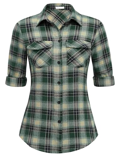 UNibelle Damen Trachtenbluse Oktoberfest Karohemd V-Ausschnitt HolzfäLlerhemd Langarm Trachtenhemd Knöpfen Karierte Hemden Casual Oberteile Schwarz/Grün L von UNibelle