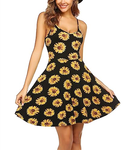 UNibelle Damen Sommerkleid Ärmellos Blumen Kleid Verstellbaren Spagettiträgern Trägerkleid Kurz Strandkleid Sonnenblume M von UNibelle