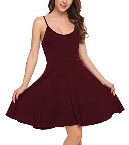 UNibelle Sommerkleid Damen Elegant Kurz Blumenkleid Trägerkleid Ärmellos Verstellbaren Spagettiträgern Strandkleid Weinrot M von UNibelle