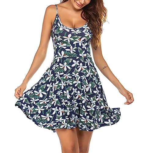 UNibelle Damen Sommerkleider Blumenmuster Kleid Strandkleid Verstellbaren Spaghettiträger Rüschen Freizeitkleid Lilie M von UNibelle