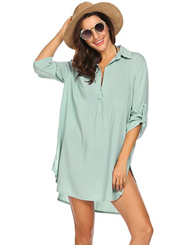 UNibelle Sommerkleider Damen Leicht Luftig Bikini Cover Up Tunika Bluse Strandkleid Shirt Strandbluse Sommer Cuffed Sleeve Shirts Tops, Hellgrün, S von UNibelle