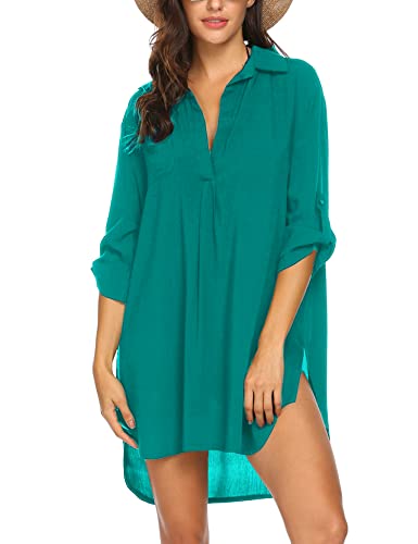 UNibelle Damen Strandkleid Leicht Luftig Bikini Cover Up Strandponcho Sommer Bademode Strand Vertuschen Shirt Kurz Strandhemd, Darkcyan, XXL von UNibelle