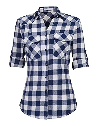 UNibelle Damen kariert Shirt Bluse Sommer V Ausschnitt Hemd 3/4 Ärmeln Oberteile mit Knöpfen Slim Fit hemdbluse Longbluse Dunkelblau XL von UNibelle