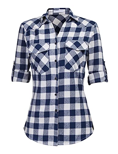 UNibelle Trachtenhemd Damen Bluse Kariert Hemd V-Ausschnitt Trachtenbluse Langarm Karierte Hemden Oktoberfest Karohemd Knöpfen Trachten Oberteil Navyblau-B XL von UNibelle