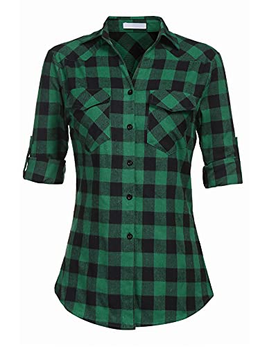 UNibelle Hemden Damen Karierte Bluse Langarm Trachtenbluse V-Ausschnitt Knopfleiste Karohemd Oktoberfest Trachtenhemd HolzfäLlerhemd Casual Hemdbluse Trachten Oberteile Dunkelgrün-B XL von UNibelle