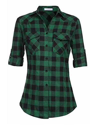 UNibelle Karierte hemdbluse Damen Shirts v Ausschnitt Button down Hemd Tops Shirt Vintage Oberteile große größen Grün- XXL von UNibelle