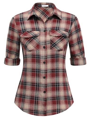 UNibelle Karierte Hemden Damen Langarm Trachtenhemd Holzfällerhemd Bluse Knopfleiste V-Ausschnitt Trachtenbluse 3/4 Ärmeln Oktoberfest Hemdbluse Casual Karo Hemd Schwarz/Rot M von UNibelle