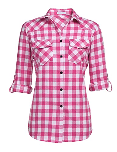 UNibelle Trachtenhemd Damen Bluse Kariert Hemd V-Ausschnitt Trachtenbluse Langarm Karierte Hemden Oktoberfest Karohemd Knöpfen Trachten Oberteil Rosa-B S von UNibelle