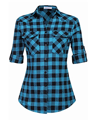 UNibelle Karohemd Damen lang Kariert Bluse V-Ausschnitt 3/4 arm Holzfällerhemd Baumwolle Hemd Shirt mit Verstellbarer Ärmel Blau M von UNibelle