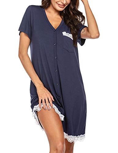 UNibelle Nachtwäsche Damen Kurzärmelig Nachthemd Spitze Schlafhemd V-Ausschnitt Kurzarm Knopfleiste Streifen, Navyblau, XL von UNibelle