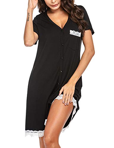 UNibelle Nachtwäsche Kurzarm Nachthemd Damen Spitze Sleepshirt V-Ausschnitt Nachtkleid Knopfleiste Fasching, Schwarz, M von UNibelle