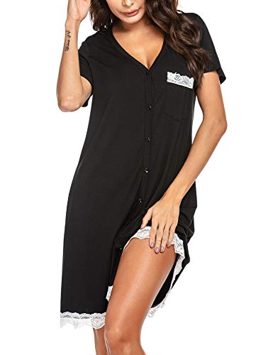 UNibelle Nachtwäsche Damen Kurzärmelig Nachthemd Spitze Schlafhemd V-Ausschnitt Kurzarm Knopfleiste Streifen, Schwarz, XL von UNibelle