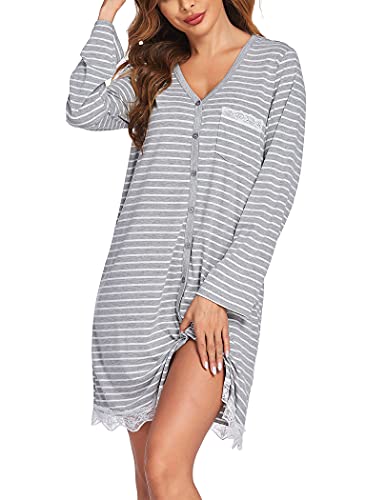 UNibelle Nachthemd Damen Sexy Nachtwäsche Langarm Schlafshirt mit Taschen Nachtshirt Knopfleiste Gestreift Nightie, Streif-Hellgrau, S von UNibelle