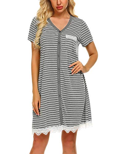 UNibelle Nachtwäsche Kurzarm Nachthemd Damen Spitze Sleepshirt V-Ausschnitt Nachtkleid Knopfleiste, Ydf4, M von UNibelle