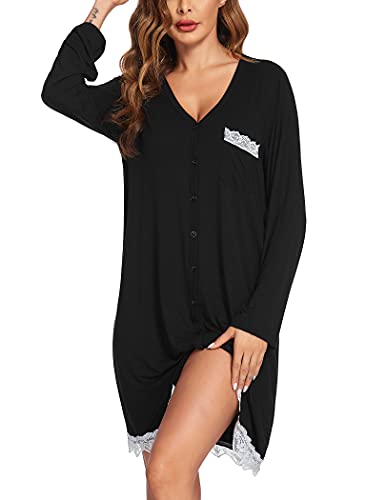 UNibelle Nachtwäsche Langarm Still Nachthemd Damen Lang Sleepshirt V-Ausschnitt Nachtshirt Knopfleiste Schlafshirt, Schwarz, M von UNibelle