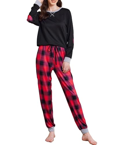 UNibelle Damen Schlafanzug Lang Pyjama Set Herbst Winter Nachtwäsche Zweiteiliger Kariert Sleepwear Soft Loungewear Hausanzug mit Karierte Hose Rot XL von UNibelle