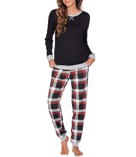 UNibelle Schlafanzug Damen Pyjama Lang Kariert Baumwolle Nachtwäsche Winter Pyjama Set Star Zweiteiliger mit Rundhals Elastischer Bund Taschen Sleepwear für Frühling Herbst Schwarz XXL von UNibelle
