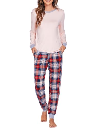 UNibelle Schlafanzug Damen Kariert Pyjama Set Lang Zweiteiliger Nachtwäsche Patchwork-Ärmel Sleepwear und Karierte Pyjamahose Hausanzug Freizeitanzug Rosa L von UNibelle