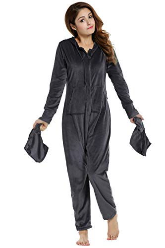 UNibelle Schlafoverall Jumpsuit Damen Overall Pyjama Onesie Einteiler Lang Strampler Kuschelig Schlafanzug Nachtwäsche Langarmshirt Playsuit mit Reißverschluss Dunkelgrau XXL von UNibelle