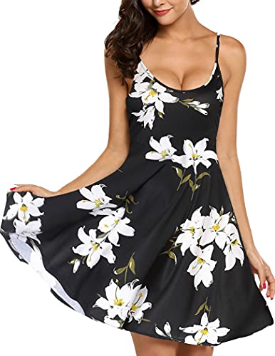 UNibelle Kleid Damen Elegant V-Ausschnitt Sommerkleid Blumenmuster Kleid Verstellbaren Spaghettiträger Strandkleid Rüschen Kleider Schwarz Lilienblüte XL von UNibelle