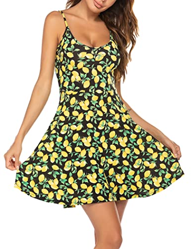 UNibelle Sommerkleid Damen Blumenmuster Kleider Knielang Trägerkleid Spaghettiträger Strandkleider Blumen Freizeitkleid Wickelkleid Zitrone XXL von UNibelle