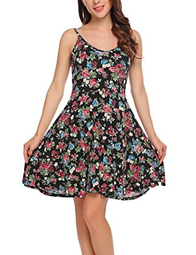 UNibelle Damen Sommerkleid Ärmellos Blumen Kleid Verstellbaren Spagettiträgern Trägerkleid Kurz Strandkleid Rot/Blau Blume M von UNibelle