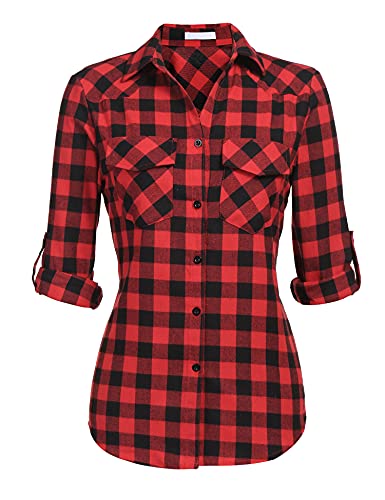UNibelle Hemden Damen Karierte Bluse Langarm Trachtenbluse V-Ausschnitt Knopfleiste Karohemd Oktoberfest Trachtenhemd HolzfäLlerhemd Casual Hemdbluse Trachten Oberteile Rot-B S von UNibelle