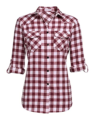 UNibelle Damen Kariert Bluse Langarm Hemd Knopfleiste Trachtenbluse Casual Hemdjacke Oktoberfest Hemden V-Ausschnitt Karohemd HolzfäLlerhemd Trachten Oberteile Weinrot-B M von UNibelle