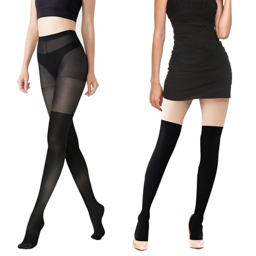 2 Paare Overknee Strumpfhosen Damen, Damenstrumpfhose Halbmatt, Schwarz Blickdichte Strumpfhosen mit Overknee Optik, Overknee High Strumpfhose Damen, Schwarz Blickdichte Nachahmung Overkneestrumpf von UOCAI
