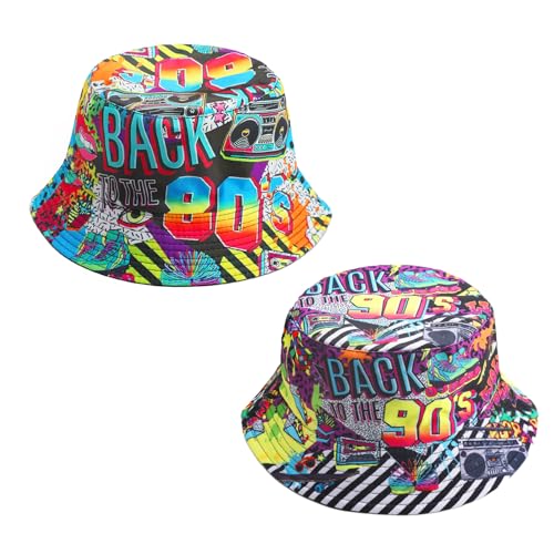 2 Stücke Fischerhüte Bucket Hat, Modischer Retro 80er 90er Eimer Hut Unisex Reversibel Anglerhut Doppelseitig Sonnenhut Sommer Partyhut lustig Bucket Hat Faltbar Outdoor-Anglerhut von UOCAI