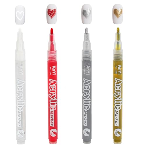 3D Nagellack Stift 4 Farben Set, Weiß Gold Silber Rot 3D Nagelkunststift DIY Lackstift Nagelkunst Graffiti Präzises Nail Art Design Schnell Trocknend Wasserfest Geschenkidee für Frauen von UOCAI