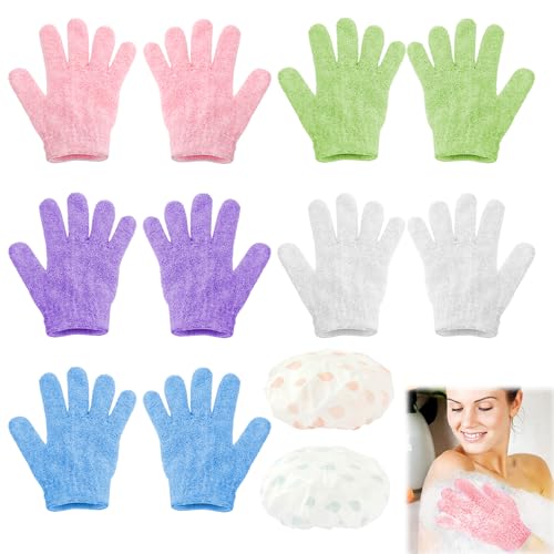 UOCAI 10 Stück Peelinghandschuh und 2 Duschhaube, Exfoliating Gloves Massage Handschuh Körperpeeling Handschuh Duschhandschuh Waschhandschuh Körper für Frauen Dusche Spa Massage von UOCAI