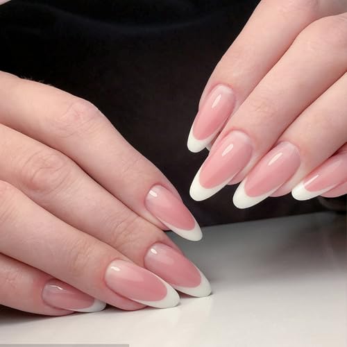 UOCAI 24pcs French Tipp Press on Nails Glossy Kunstnägel Selbstklebende Mandel Gefälschte Nägel Chrom False Nails Glänzend Vollabdeckung Falsche Nägel French Press On Nails für Frauen und Mädchen von UOCAI