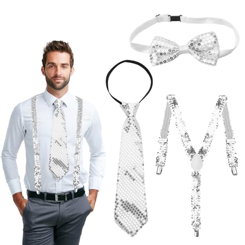 UOCAI 3 Stück Pailletten Hosenträger Set, Glitzer Outfit Herren Glitzer Fliege Hosenträger Krawatte Disco Kostüm Fasching Accessories für Disco Karneval Halloween Mottoparty von UOCAI