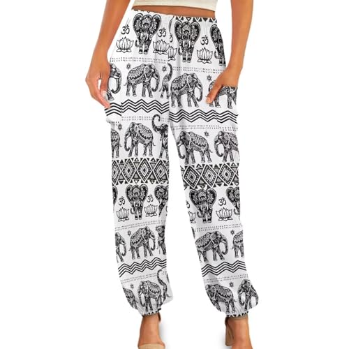 UOIMAG Boho-Yogahose für Damen, lässige Haremshose, hohe Taille, Loungehose mit Taschen, Boho Elefanten, Weiß, XXL von UOIMAG