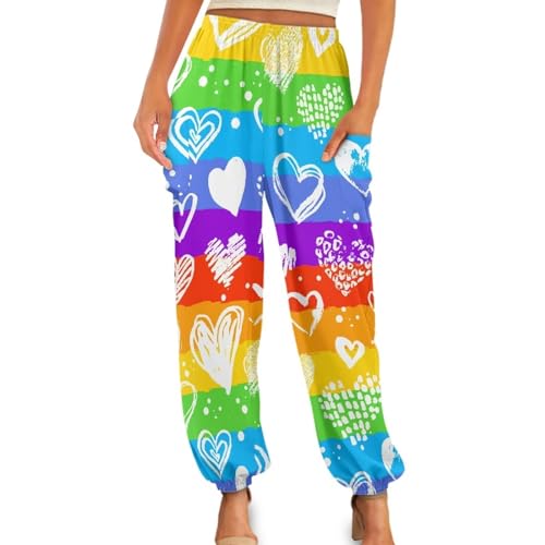 UOIMAG Boho-Yogahose für Damen, lässige Haremshose, hohe Taille, Loungehose mit Taschen, Regenbogen-Herzstreifen, XXX-Large von UOIMAG