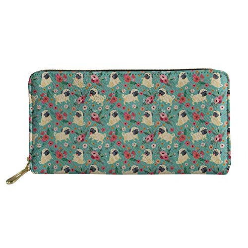 UOIMAG Damen-Geldbörse, lang, Leder, Clutch, Kreditkartenhalter, Reißverschluss, Mops Floral (Grün) - UO-6826Z21-1 von UOIMAG