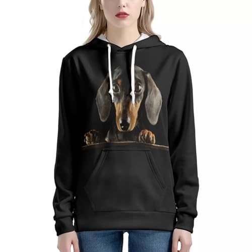 UOIMAG Damen Hoodie Sweatshirt mit Tasche Langarm Pullover T-Shirt Tops Tuniken XS-5XL Größe, Schwarzer Dackel-Aufdruck, 38 von UOIMAG