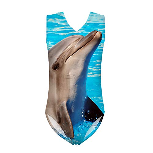 UOIMAG Einteiliger Badeanzug für Mädchen, ärmellos, Bademode, Sunmer, Strandkleidung, Ballett, Tanzen, Gymnastik, Geschenk für Kinder, Tier-Delfin, 11-12 Jahre von UOIMAG