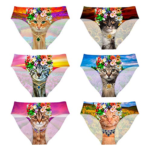 UOIMAG Frauen Unterwäsche-Set 6 Packungen Slips Hipster Hosen für Mädchen Elastische Weiche Unterhosen Mid Cut Nahtlos Panties Gag Geschenk für Junggesellinnenabschied, Katzenblume, 38 von UOIMAG