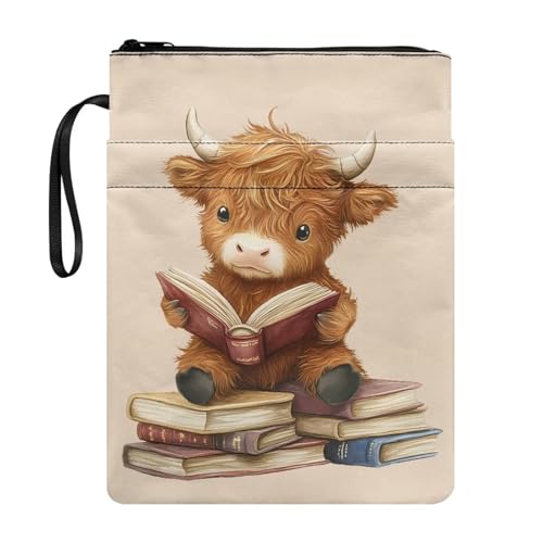 UOIMAG Highland Cow Book Pouch Cover Bag Cute Book Sleeve with Zipper and Front Pocket for School Kids von UOIMAG