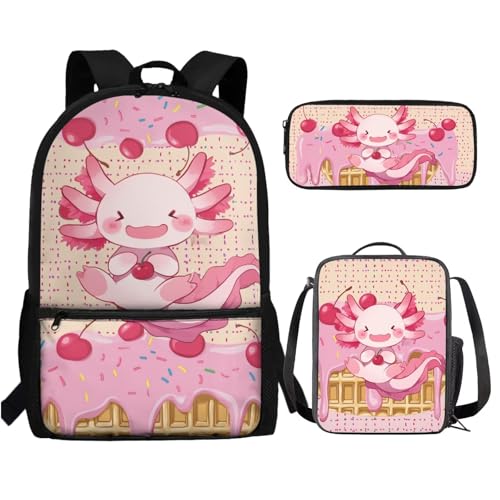 UOIMAG Kinder-Rucksack-Lunchbox-Set mit Federmäppchen, niedliche Schultaschen, leicht, 3-teiliges Set, Axolotl Kirscheis, Einheitsgröße, Schulranzen-Set von UOIMAG