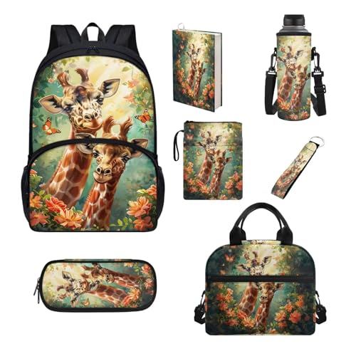 UOIMAG Kinder-Rucksack und Lunchbox-Set, Schultaschen für Jungen und Mädchen, Schulanfang, Büchertaschen, 7-teilig, Giraffen-Blumen, Einheitsgröße, Schulranzen-Set von UOIMAG