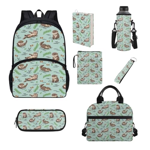 UOIMAG Kinder-Rucksack und Lunchbox-Set, Schultaschen für Jungen und Mädchen, Schulanfang, Büchertaschen, 7-teilig, Ottergrün, Einheitsgröße, Schulranzen-Set von UOIMAG