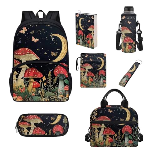 UOIMAG Kinder-Rucksack und Lunchbox-Set, Schultaschen für Jungen und Mädchen, Schulanfang, Büchertaschen, 7-teilig, Pilz, Schmetterling, Mond, Stern, Einheitsgröße, Schulranzen-Set von UOIMAG