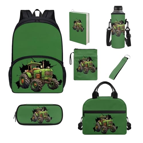 UOIMAG Kinder-Rucksack und Lunchbox-Set, Schultaschen für Jungen und Mädchen, Schulanfang, Büchertaschen, 7-teilig, Traktor Grün, Einheitsgröße, Schulranzen-Set von UOIMAG